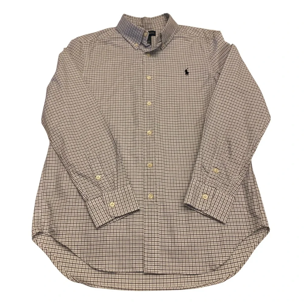 Ralph Lauren Youth Tattersall Check Button Down Shirt White Blue Cotton XL 14-16